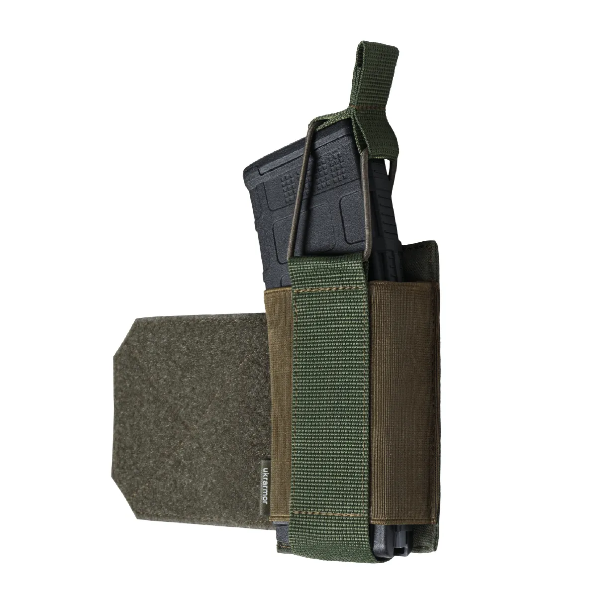 Боковой левосторонний эластичный подсумок для магазинов АК/АR и турникетов открытого типа с креплением на липучке. Олива 7