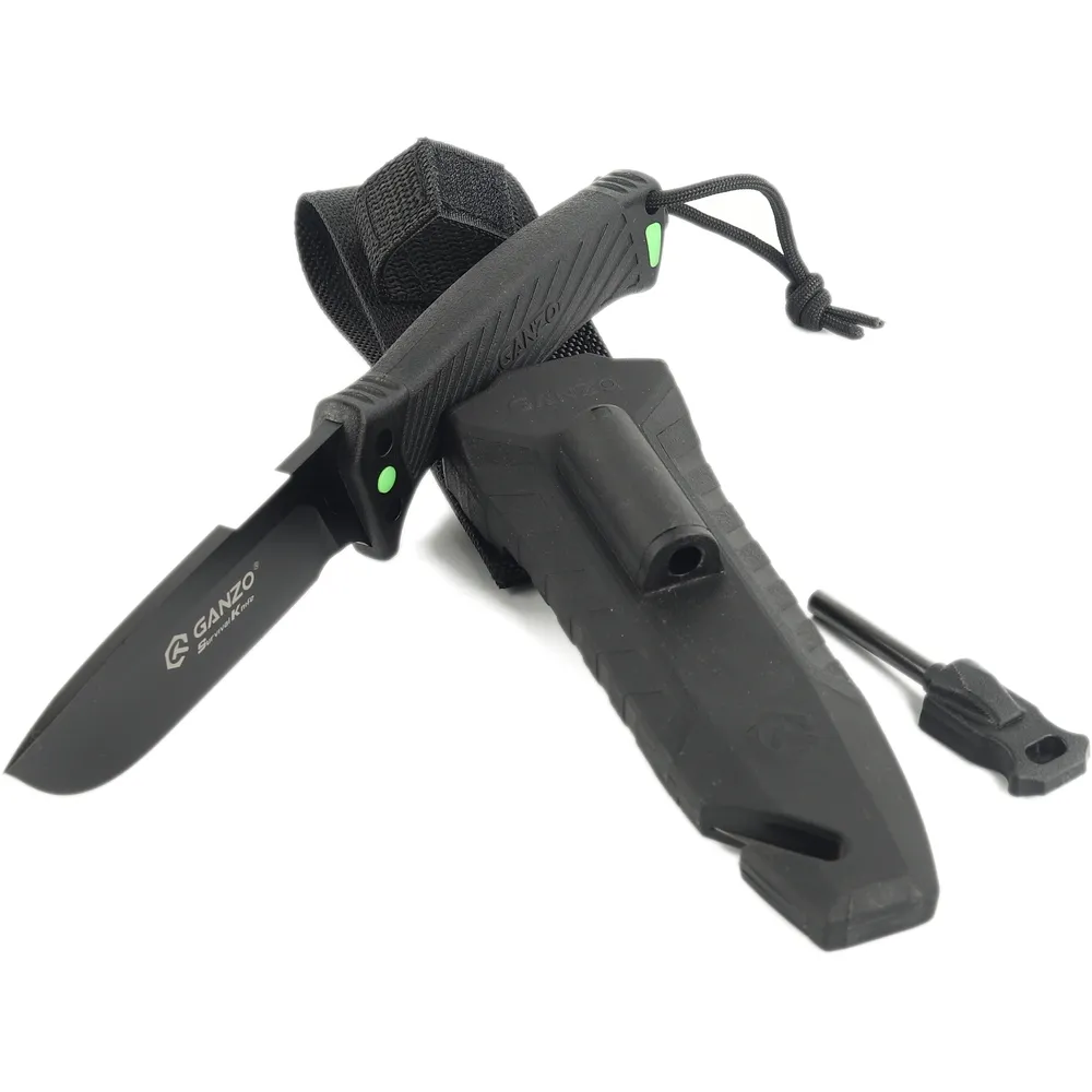 Ніж Ganzo G8012V2 чорний з паракордом та кресалом. Вуглецева сталь 5