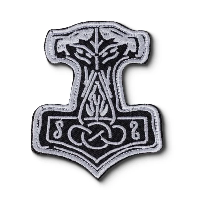 Шеврон (нашивка) Молот Тора на липучке, 10х8 см. Серо-черный