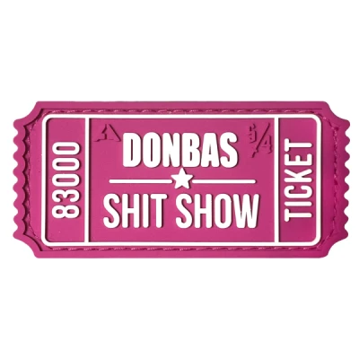 Патч (шеврон) «Білет Donbas Shit Show V1» від А.Т.А.К.А. x SANCHI. М’який ПВХ пластик. Рожево-білий
